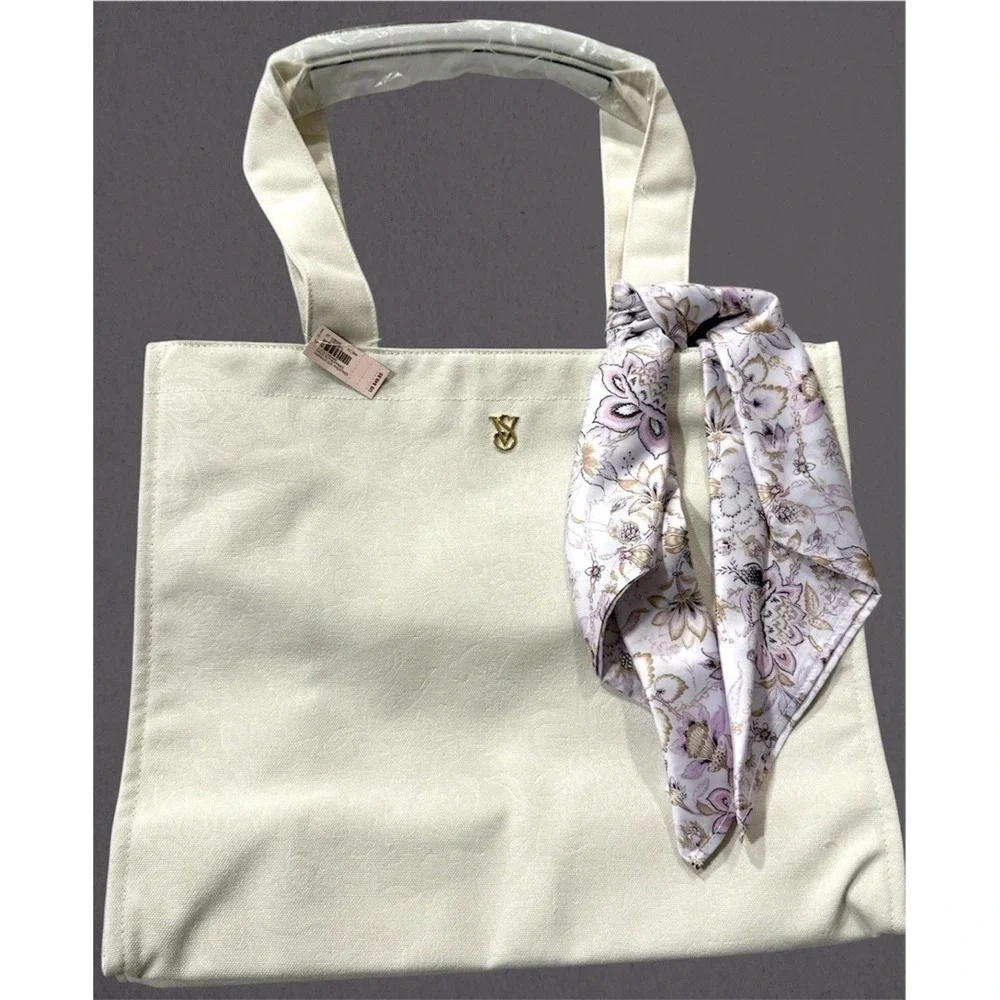 Victoria's Secret Tote Bag Limited Edition Floral Embossed White Cream & Scarf
